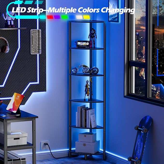 6 Tier Corner Shelf with LED Light, 67.5" Black Narrow Bookshelf | Tall - Image 4