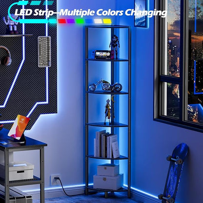 6 Tier Corner Shelf with LED Light, 67.5" Black Narrow Bookshelf | Tall - Image 4