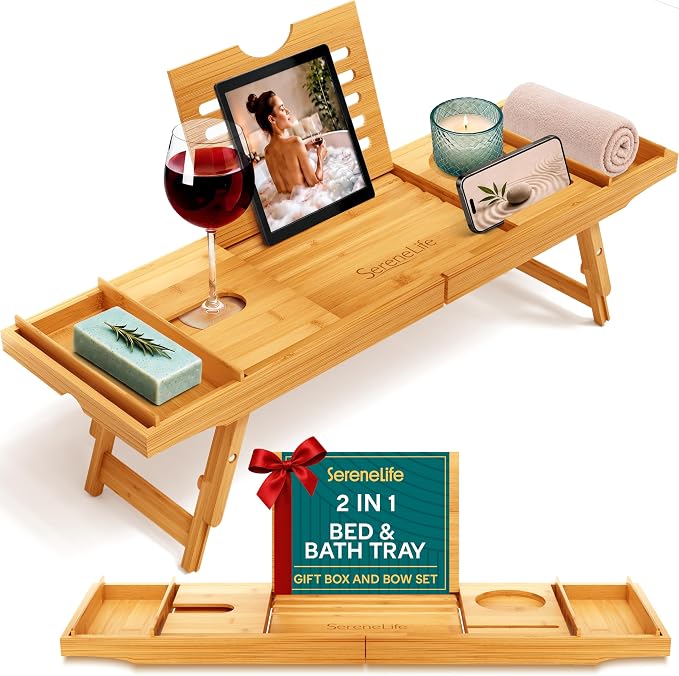 SereneLife Bath Caddy Breakfast Tray Combo, Natural Bamboo Wood Waterproof by SereneLife