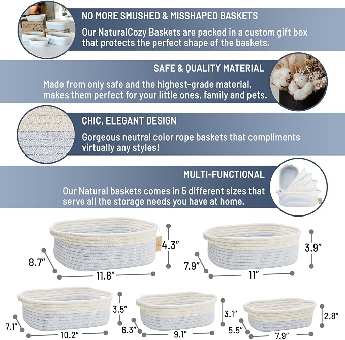 NaturalCozy 5-Piece Rectangle Storage Basket Set- Natural Cotton Rope Woven - Image 2