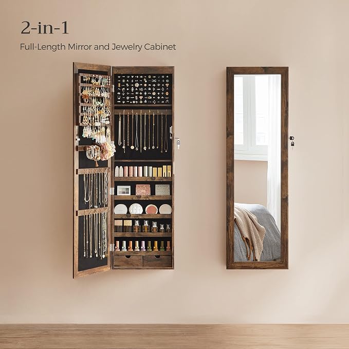 SONGMICS 6 LEDs Mirror Jewelry Cabinet, 47.2-Inch Tall Lockable Wall or Door - Image 3