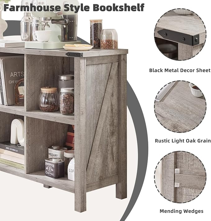 Farmhouse 6 Cube Bookshelf, Rustic Grey Oak Wooden Storage Organizer Book Shelf - Image 4
