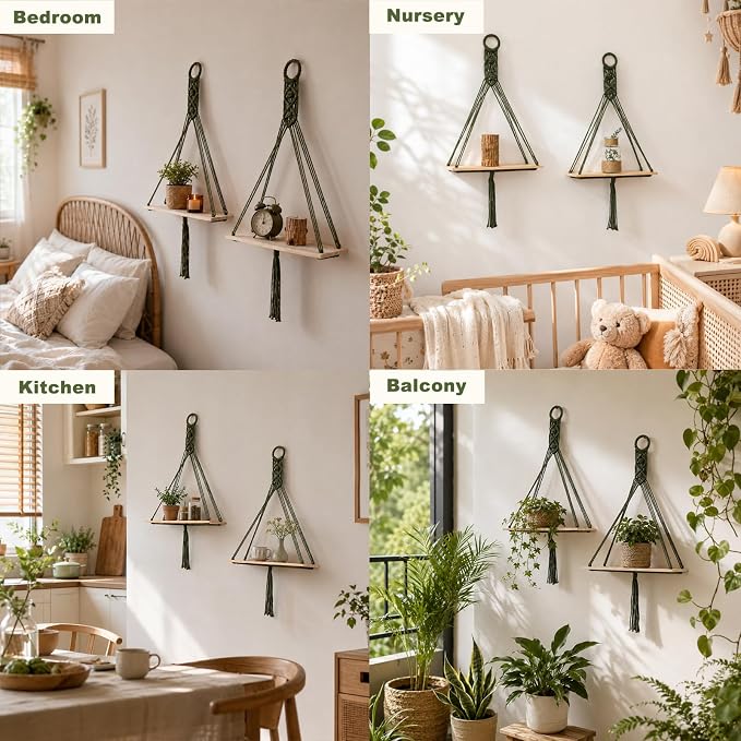 Artilady Macrame Wall Hanging Shelf, Bedroom Storage | 2 Pack Plant Shelf - Image 3