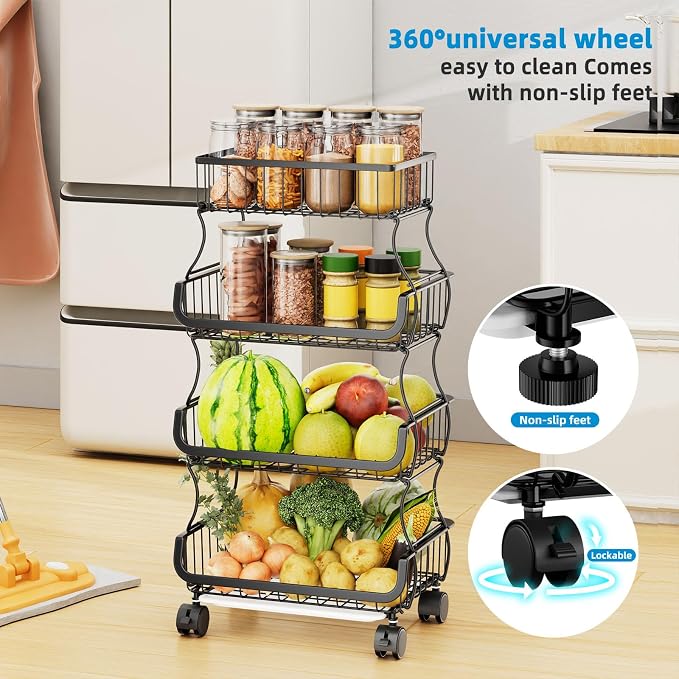 Simple Trending 4 Tier Rolling Cart, Stackable Fruit Vegetable Basket - Image 3