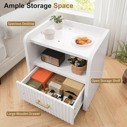 Night Stand with Charger Station, Fluted Wood Nightstand with Drawer Storage - Image 7
