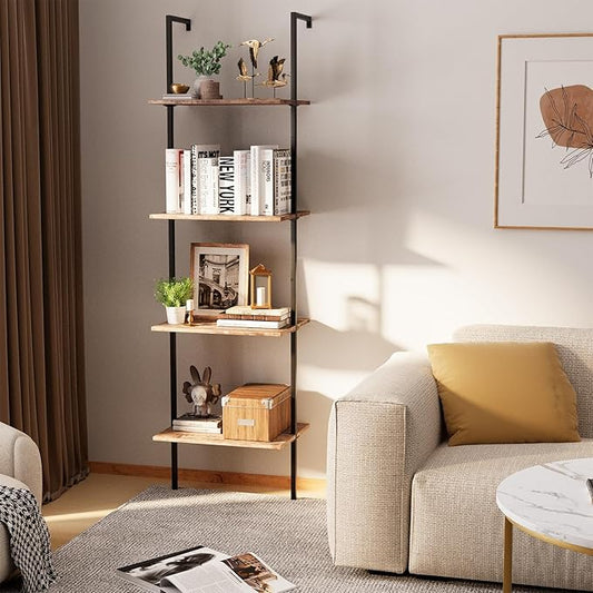 Ladder Shelf 4 Tiers Metal Industrial Bookshelf, Wall Mount Wide Book Case - Image 2