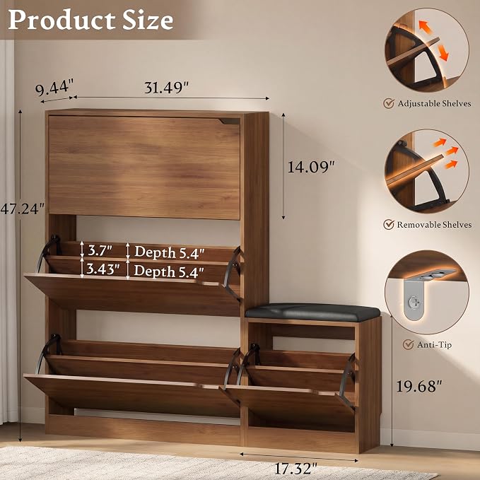 BORNOON Shoe Cabinet with Bench and 3 Flip Drawers, Slim Narrow Shoe Storage - Image 2