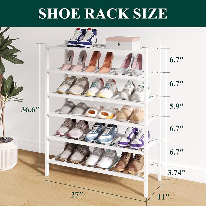 Smiry Bamboo Shoe Rack for Closet, 6 Tier Wooden Stackable Shoe Organizer - Image 2