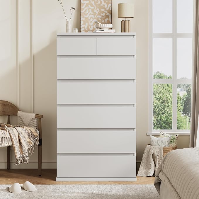 White Tall 7 Drawer Dresser for Bedroom, Modern Wood Closet Dressers & Chests - Image 7