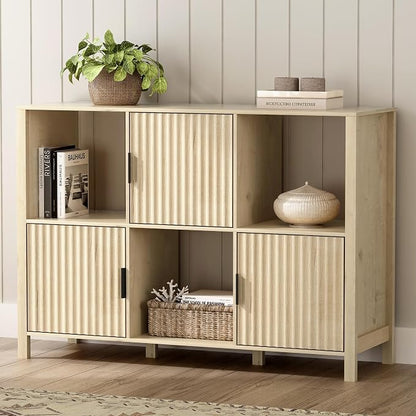 Fluted Storage Bookshelf Set of 2, Modern Wood Floor 6 Cube Bookcase - Image 4