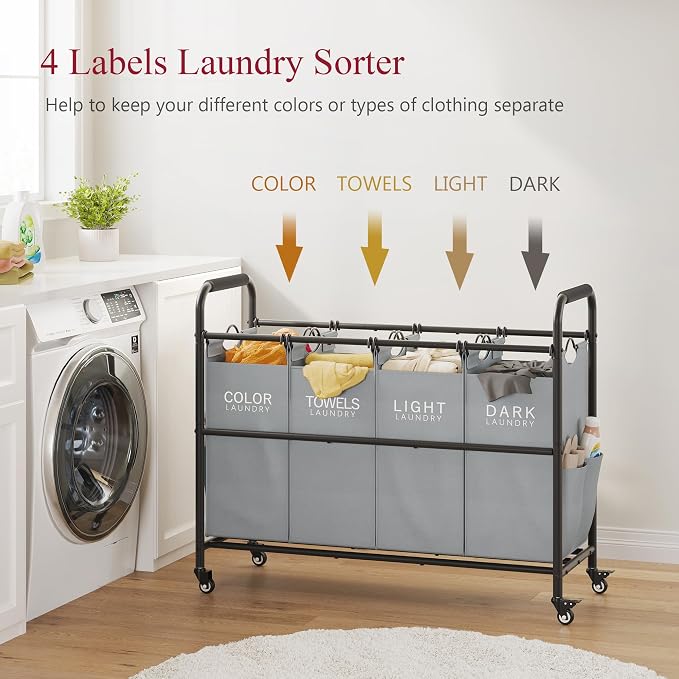 Tajsoon 4 Bag Laundry Sorter Cart, 4 Section Laundry Hamper Sorter - Image 3