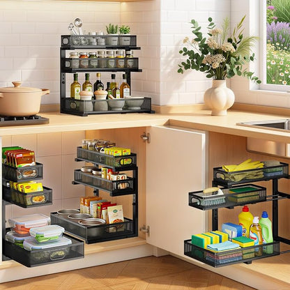 Under Sink Organizer 3 Tier, 2 Pack L-Shaped Pull-Out Cabinet Organizer - Image 9