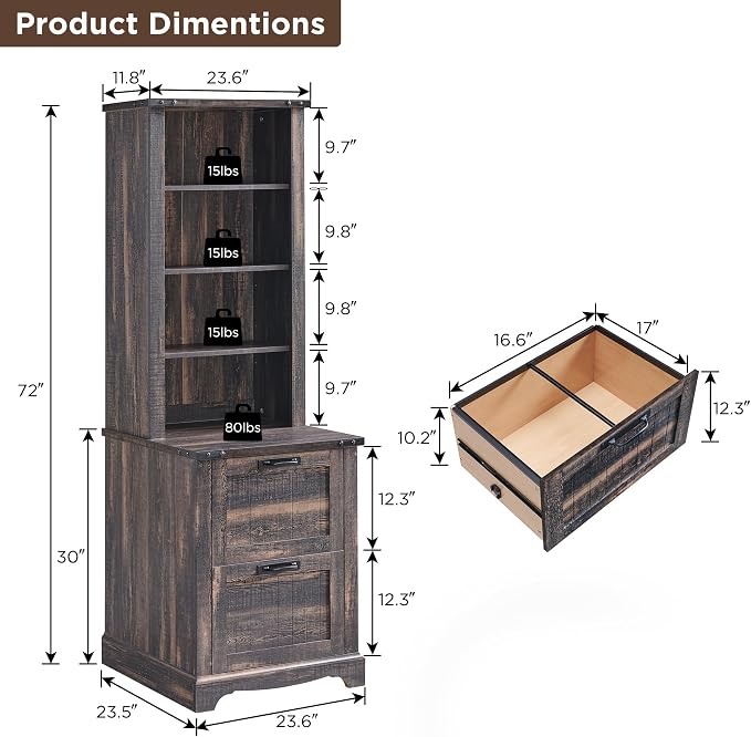 RedLemon Bookcase with 2 File Drawers, 4 Tier Rustic Wood Bookshelf with Cabinet - Image 2