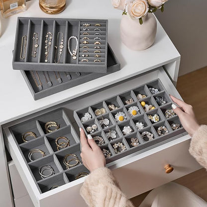 Velvet Jewelry Drawer Organizer Trays – Large Grey Stackable Jewelry Storage - Image 7