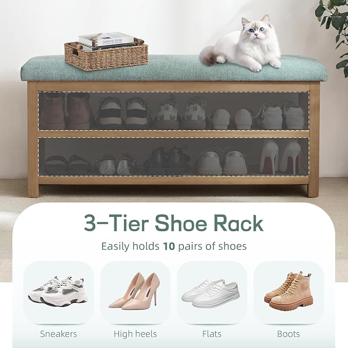 Zihanhome Shoe Rack Bench with Cushion, 2 Tier Solid Wood Storage Bench - Image 6