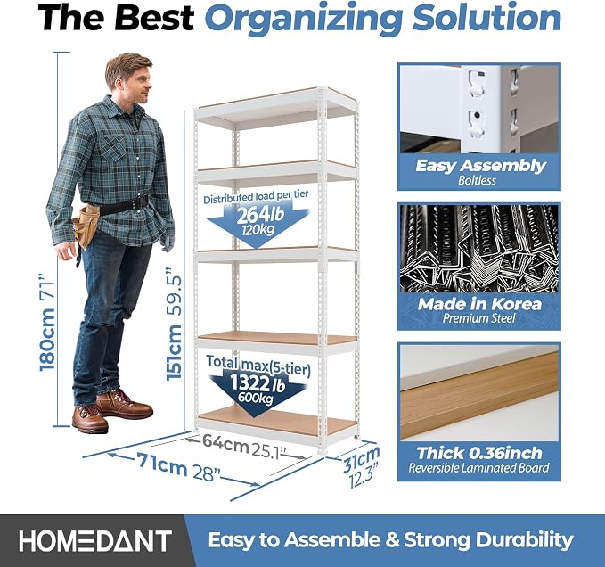 HOMEDANT 5 Tier Laminated White Boltless Metal Shelving Unit Adjustable Garage - Image 2