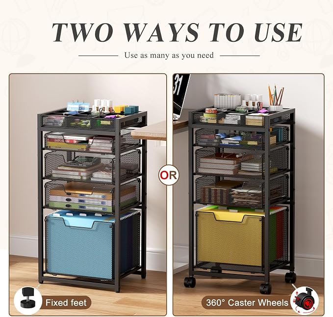 Rolling File Cart with 4 Storage Drawers, Under Desk Organizer with DIY Divider - Image 3