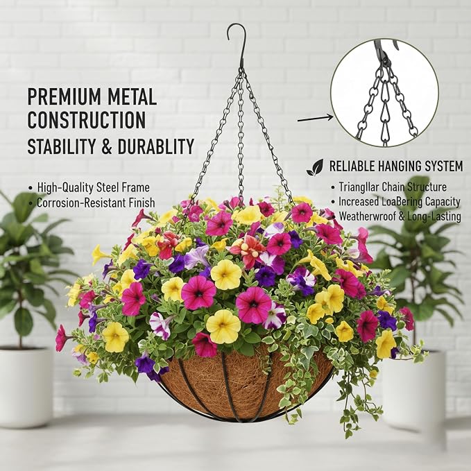 2 Pack 12 Inch Brown Outdoor Metal Hanging Planter Basket Hanging Planters - Image 4