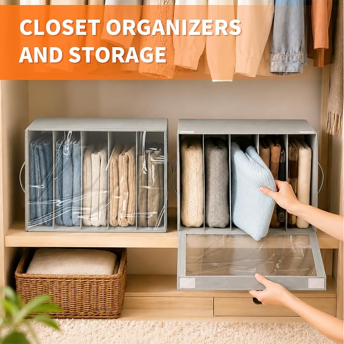 Aokeyee 4 Packs Grey Clothes Organizer 5 Divided Wardrobe Closet Storage | - Image 2