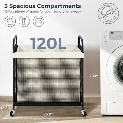 STO STO Laundry Hamper 3 Section, 120L Rolling Laundry Sorter Cart - Image 6