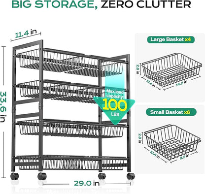 Cinati 4-Tier Snack Cart with Wheels, Rolling Pantry Storage Cart with 10 Wire - Image 3