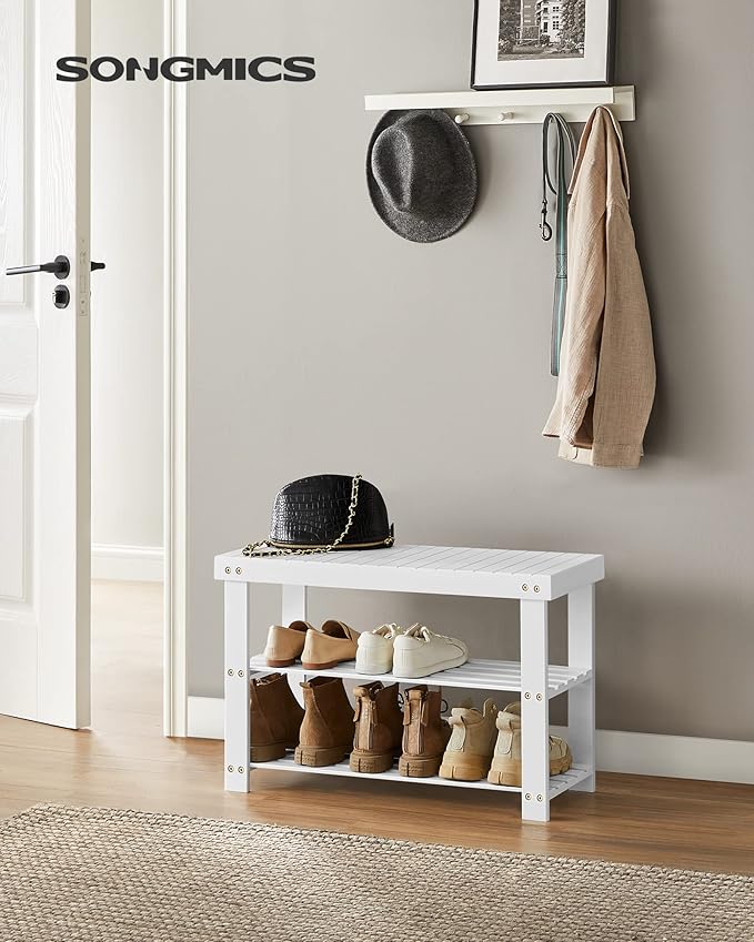 SONGMICS Shoe Rack Bench, 3-Tier Bamboo Shoe Storage Organizer, Entryway Bench - Image 2