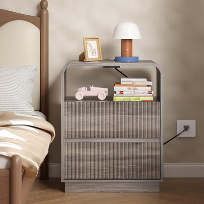 Dresser with 2 Drawers and Charging Station, Fluted Bedside Table with Round - Image 6