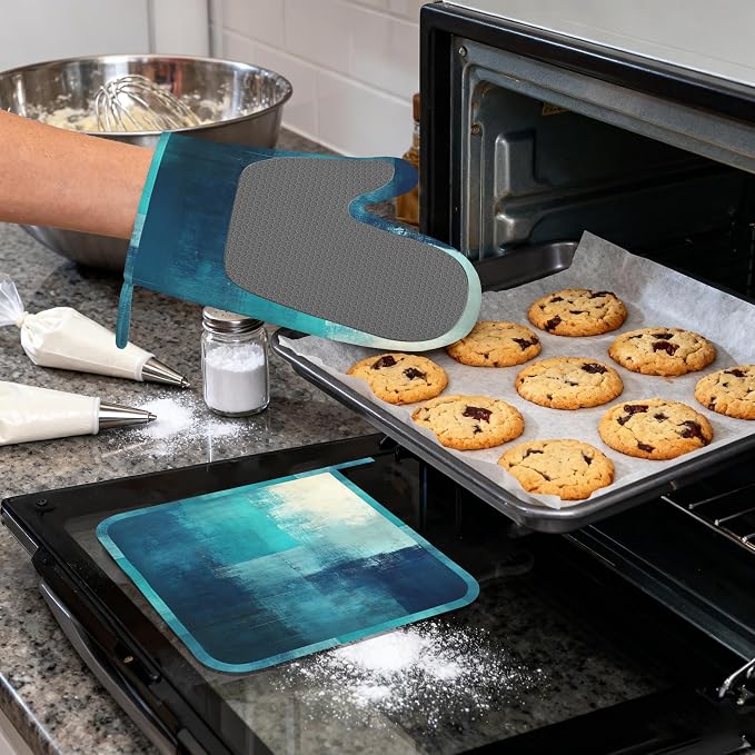 Turquoise Grey Oven Mitts and Pot Holders, Teal Modern Art Heat Resistant - Image 4