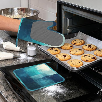 Turquoise Grey Oven Mitts and Pot Holders, Teal Modern Art Heat Resistant - Image 4
