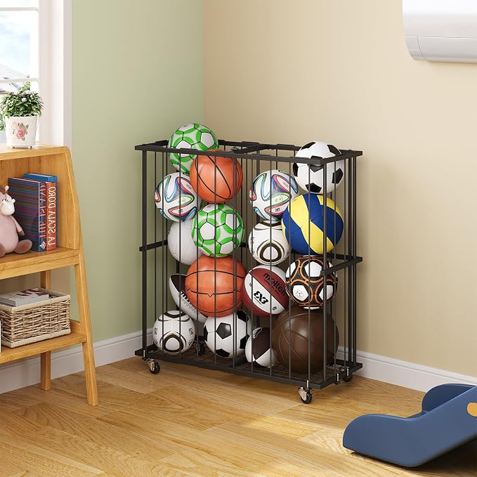 Large Garage Ball Storage, Rolling Floor Sports Equipment Organizer: - Image 4