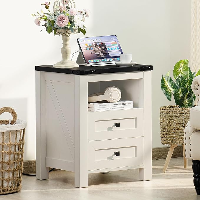Nightstand with Charging Station and USB Port, Farmhouse Side End Table with 2 - Image 3