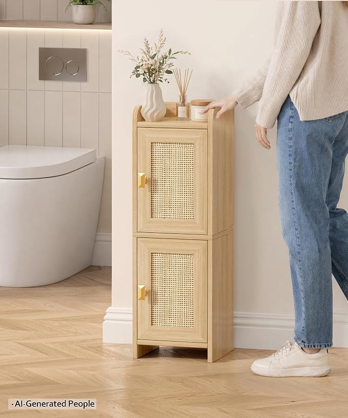Akxomel Rattan Small Bathroom Cabinet Narrow Toilet Paper Organizer Oak | - Image 4
