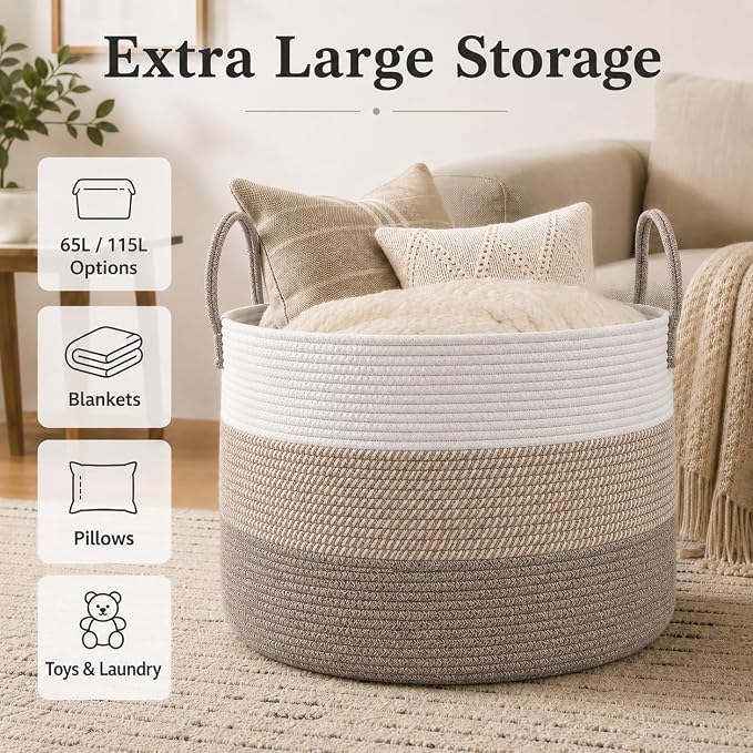 JMvicyroam 115L Extra Large Machine Washable Cotton Rope Blanket Basket | - Image 2