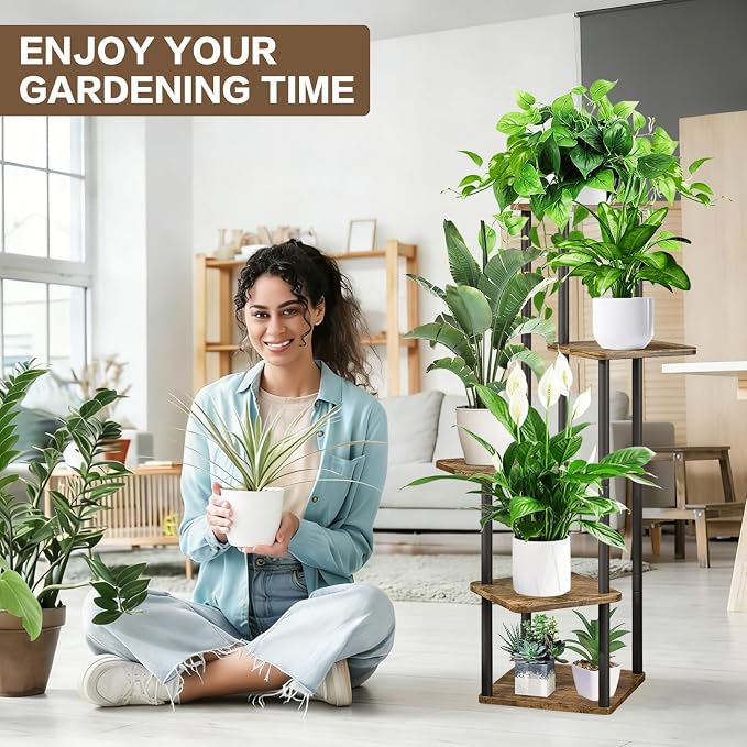 5 Tier Wood Tall Plant Stand Metal Rack Indoor, Planter Shelf Display Rack - Image 6