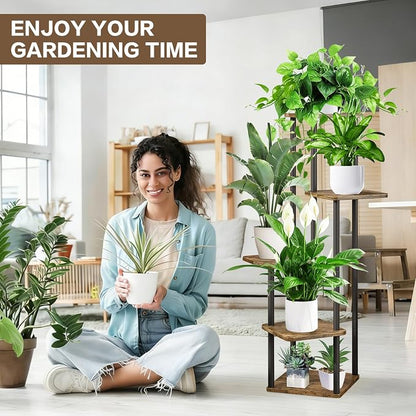 5 Tier Wood Tall Plant Stand Metal Rack Indoor, Planter Shelf Display Rack - Image 6
