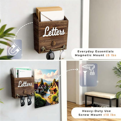 eBun Narrow Wood Mail Holder | Wall Mount, No-Drill Magnetic, Vertical Letter - Image 7