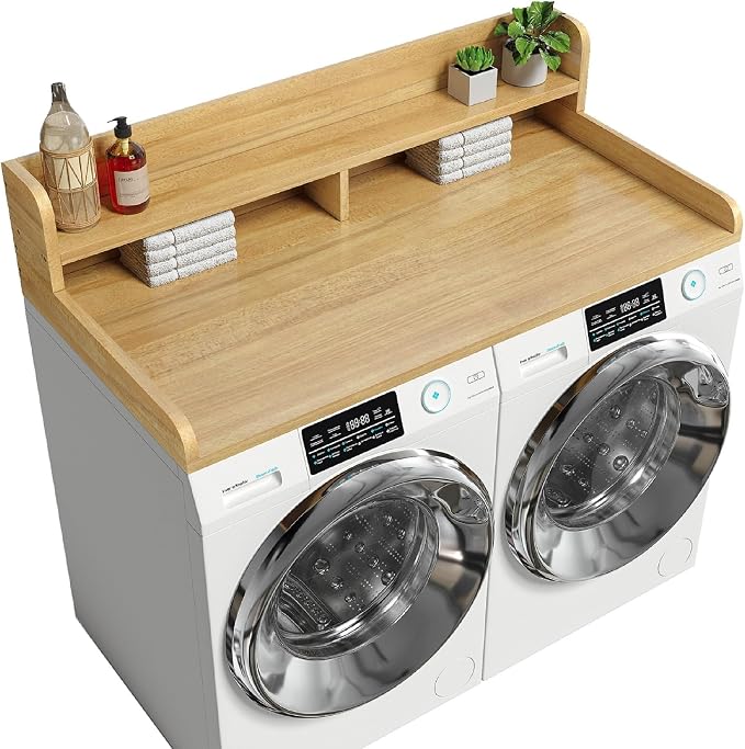 Washer Dryer Countertop with 2-Tier Shelf, Wood Topper with Non-Slip Pad by Corbyles