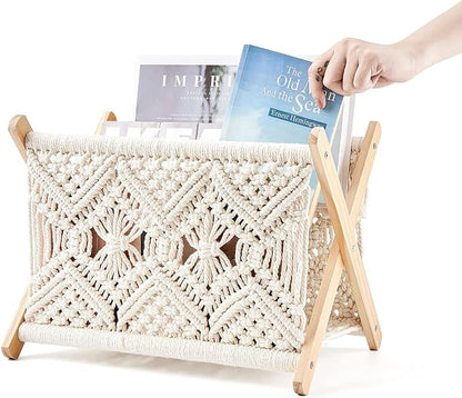 Mkono Macrame Magazine Rack Boho Storage Holder Standing Basket - Image 5