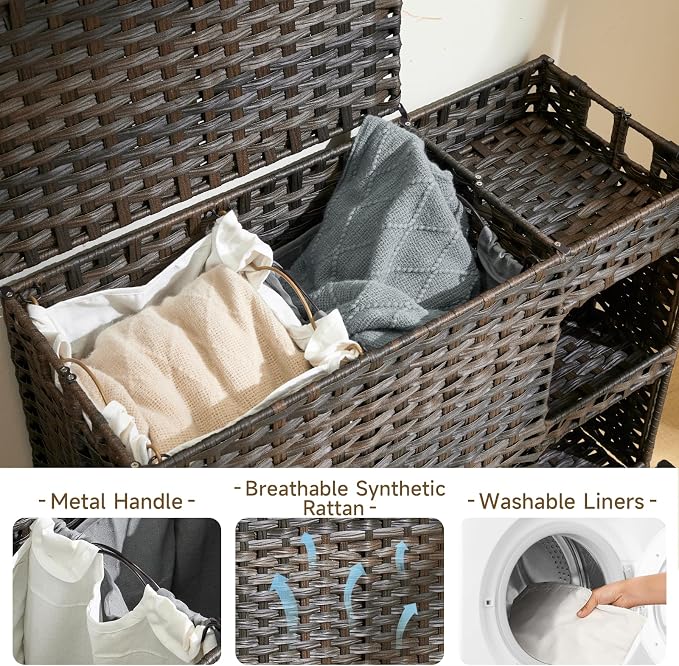 Laundry Hamper with Wheels, 42.3 Gal. Laundry Sorter with Shelves, Rattan - Image 5