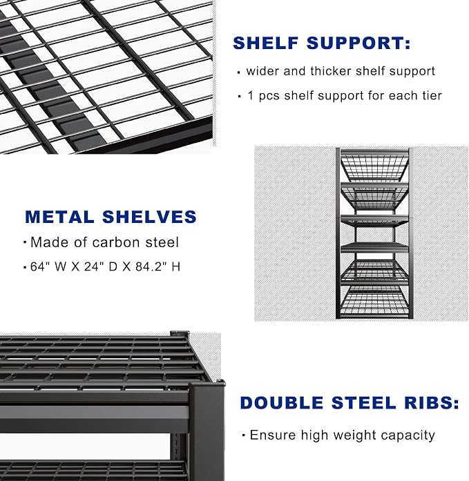 64" Wide 6-Tier Garage Shelving Unit, Heavy Duty Garage Storage Shelves - Image 5