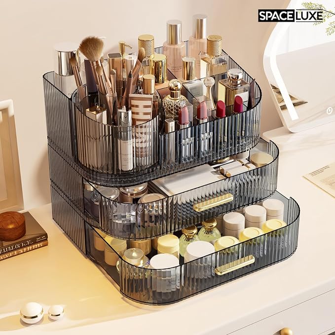 Makeup Organizer with Drawers and 360° Rotating Brush Holder, Large Capacity - Image 4
