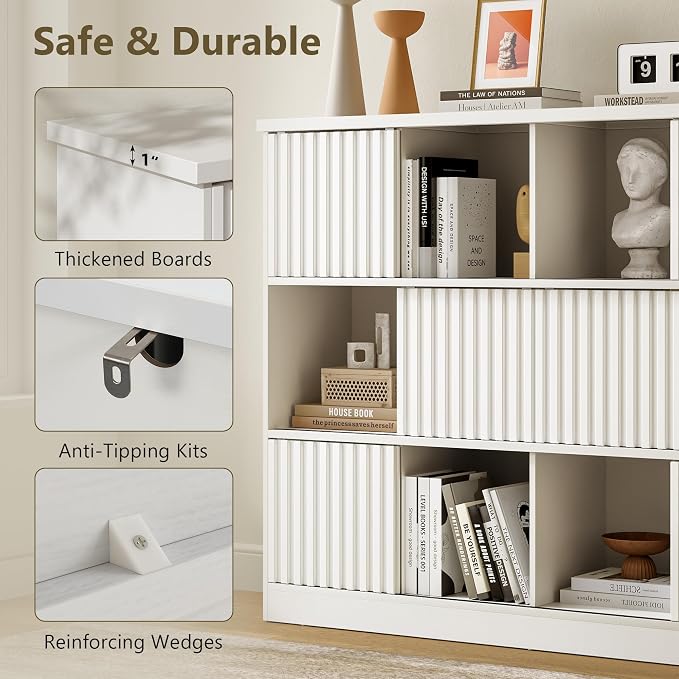iPormis 12 Cube Bookcase with 6 Fluted Sliding Doors, 3 Tier Wooden Bookshelf - Image 8