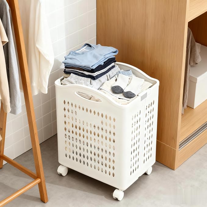 Rolling Laundry Hamper with Wheels White Plastic Storage Bin with Handles - Image 2