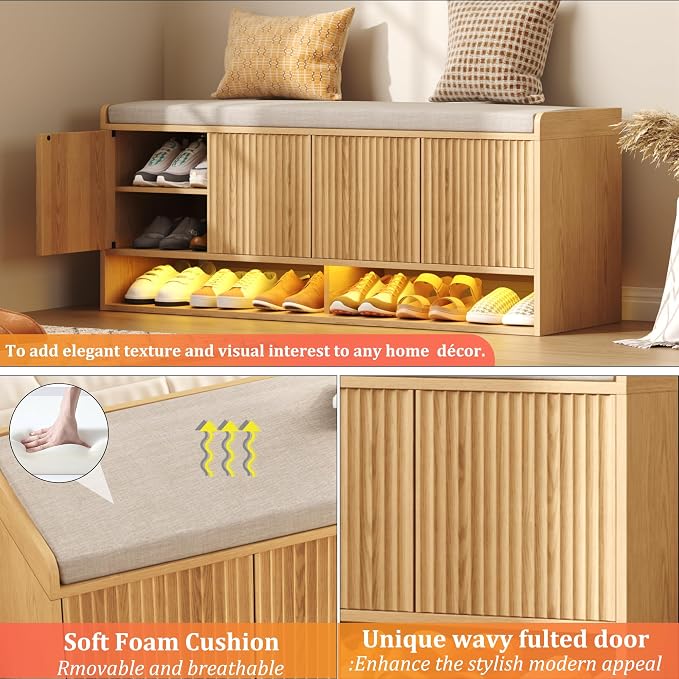 HOMEFORT 47.2" Fluted Shoe Storage Bench, Entryway Bench - Image 7