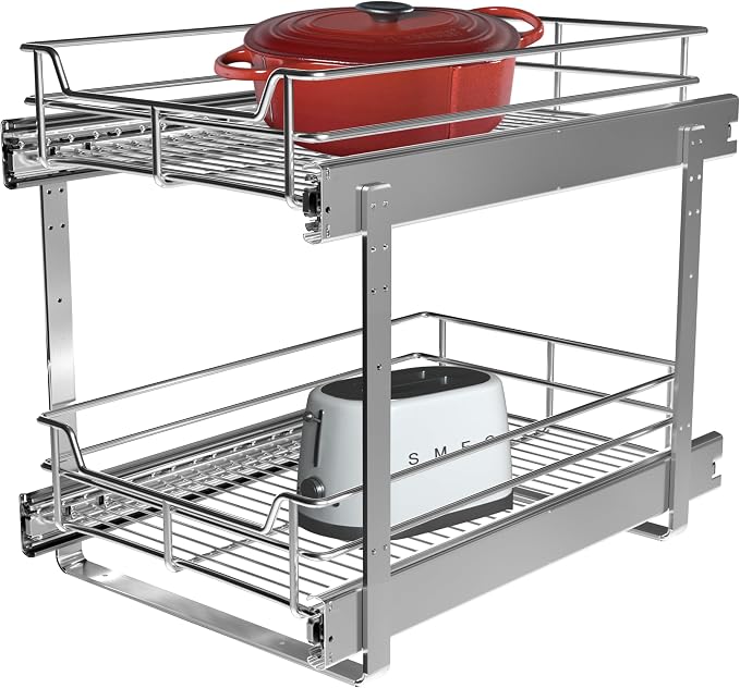 2 Tier Pull Out Cabinet Organizer, Roll Out Shelves and Drawer by JOWBOOW