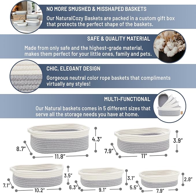 NaturalCozy 5-Piece Rectangle Storage Basket Set- Natural Cotton Rope Woven - Image 2