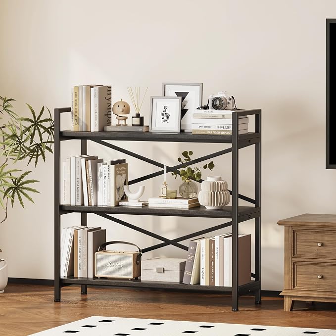 Homeiju 3 Tier Bookshelf 31.49" Width, Wood and Metal Etagere Bookcase - Image 2