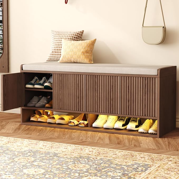 HOMEFORT 47.2" Fluted Shoe Storage Bench, Entryway Bench by HOMEFORT