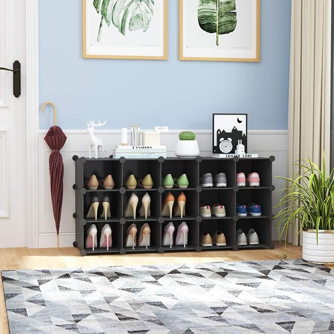 C&AHOME Plastic Shoe Rack, 16-Cube Modular Shoes Storage Stand, Stackable Shoe - Image 4