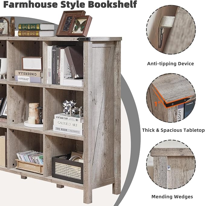 9 Cube Bookcase, Farmhouse 47 Inch Wide Grey Oak Bookshelf, Wooden 3 Tier - Image 4